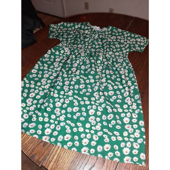 Large Green Yellow White Daisy Short Sleeve Mini Midi Dress - Picture 1 of 3